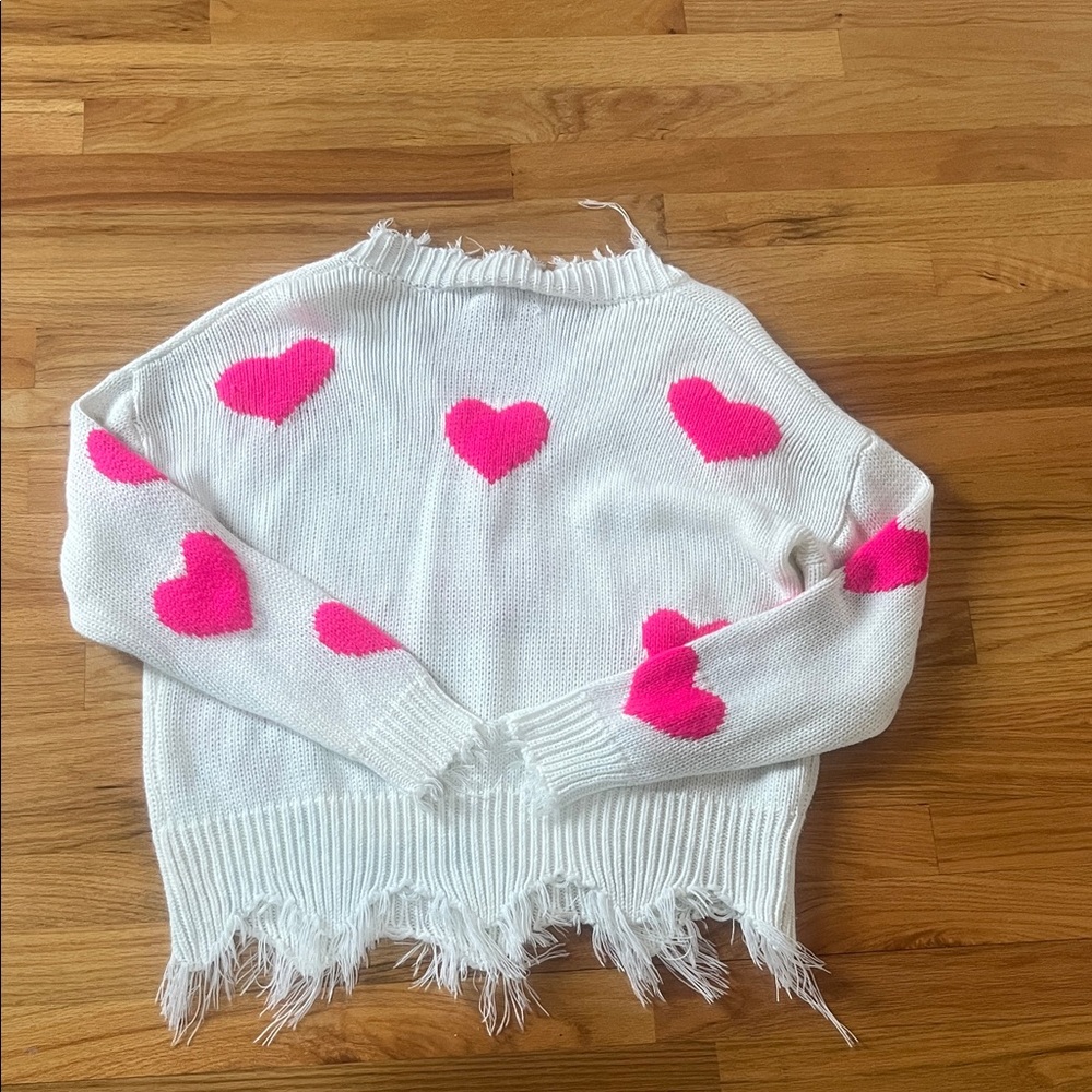 White Sweater with Pink Heart Motif - Women's Distressed V-Neck - Picture 4 of 4